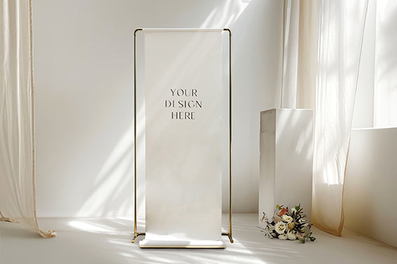 Wedding Stationery Gold Linen Stand Sign Mockup